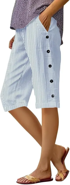 Bermuda Shorts for Women Knee Length Striped Linen Capris Lightweight Summer Straight Leg Beach Shorts with Pockets