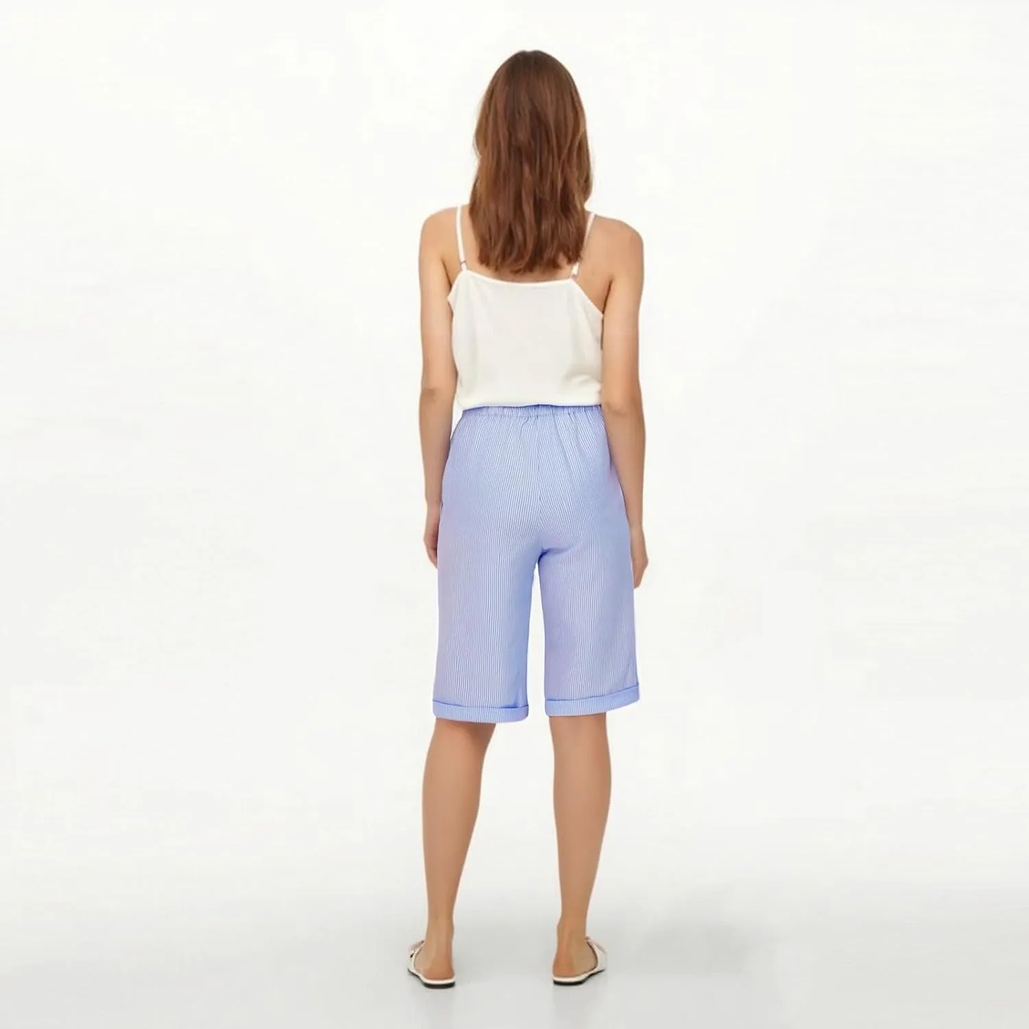 Bermuda Shorts for Women Knee Length Striped Linen Capris Lightweight Summer Straight Leg Beach Shorts with Pockets