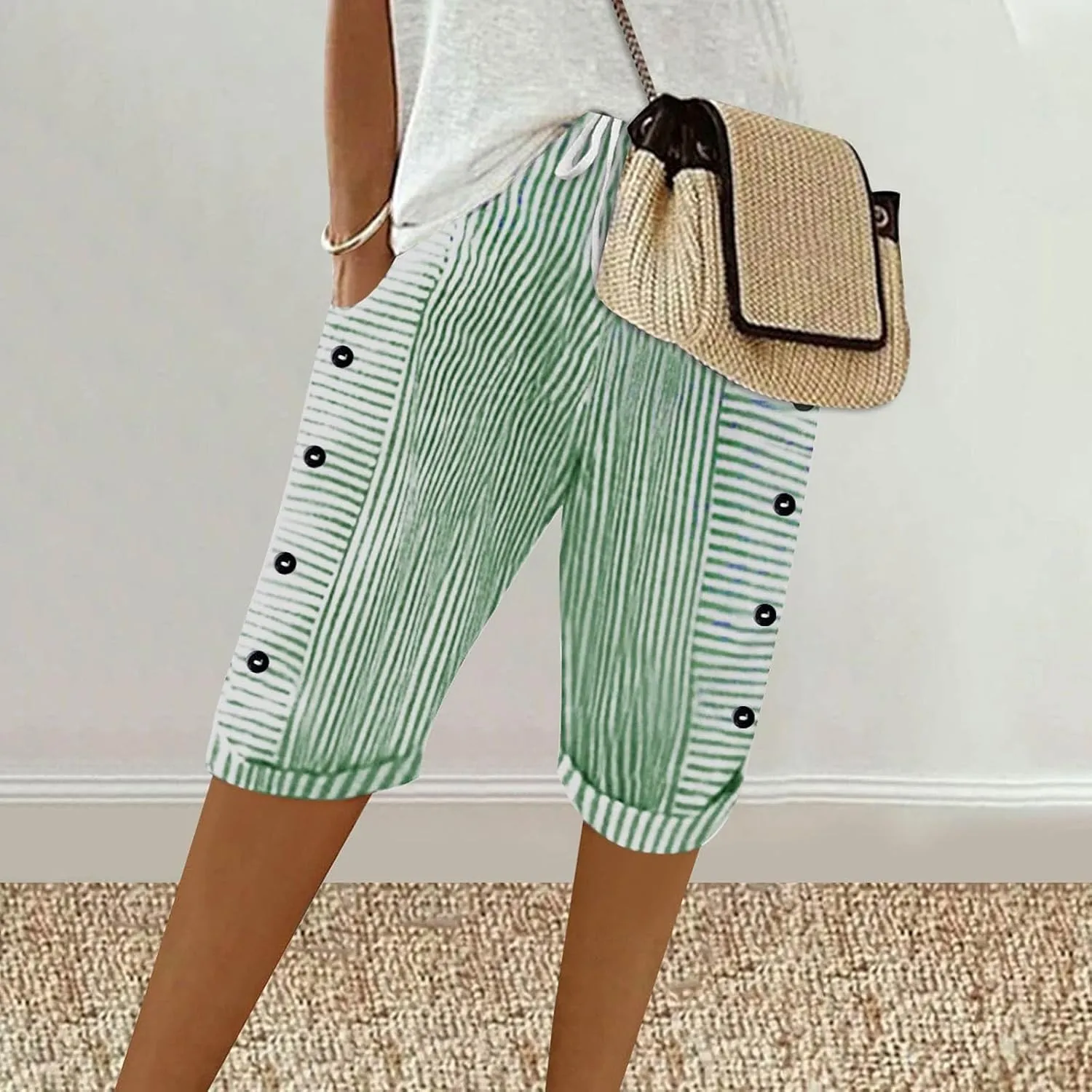 Bermuda Shorts for Women Knee Length Striped Linen Capris Lightweight Summer Straight Leg Beach Shorts with Pockets