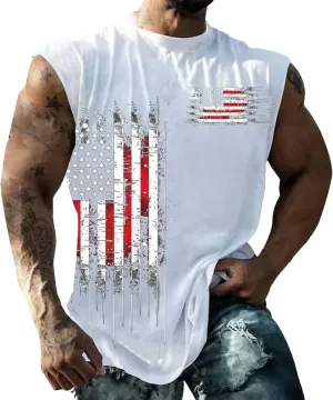 Big and Tall Tank Tops Men American Flag Printed Sleeveless Muscle Patriotic Shirts Vintage Striped Stars Graphic T