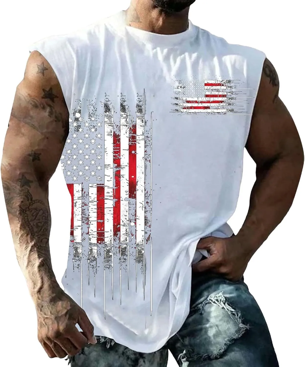 Big and Tall Tank Tops Men American Flag Printed Sleeveless Muscle Patriotic Shirts Vintage Striped Stars Graphic T