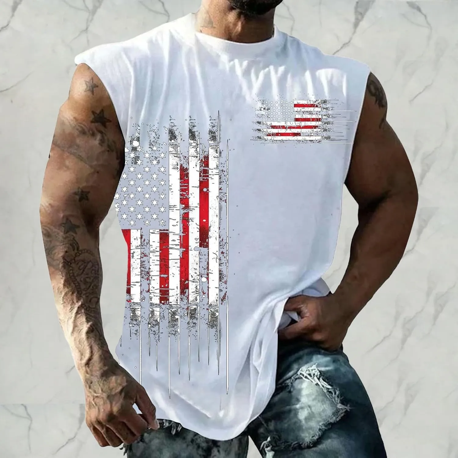Big and Tall Tank Tops Men American Flag Printed Sleeveless Muscle Patriotic Shirts Vintage Striped Stars Graphic T
