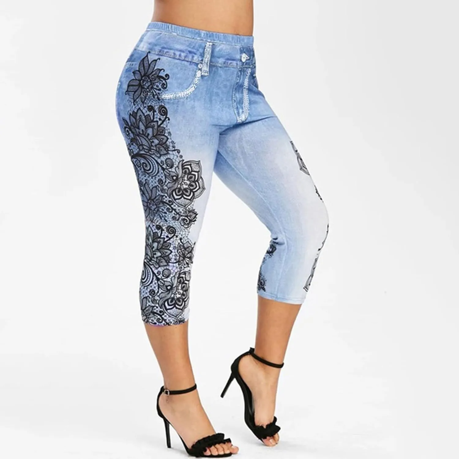 Binmer Women's Faux Denim Cropped Legging Plus Size High Waisted Yoga Pants Capri Jeggings Short Tights Stretch Denim Jeans