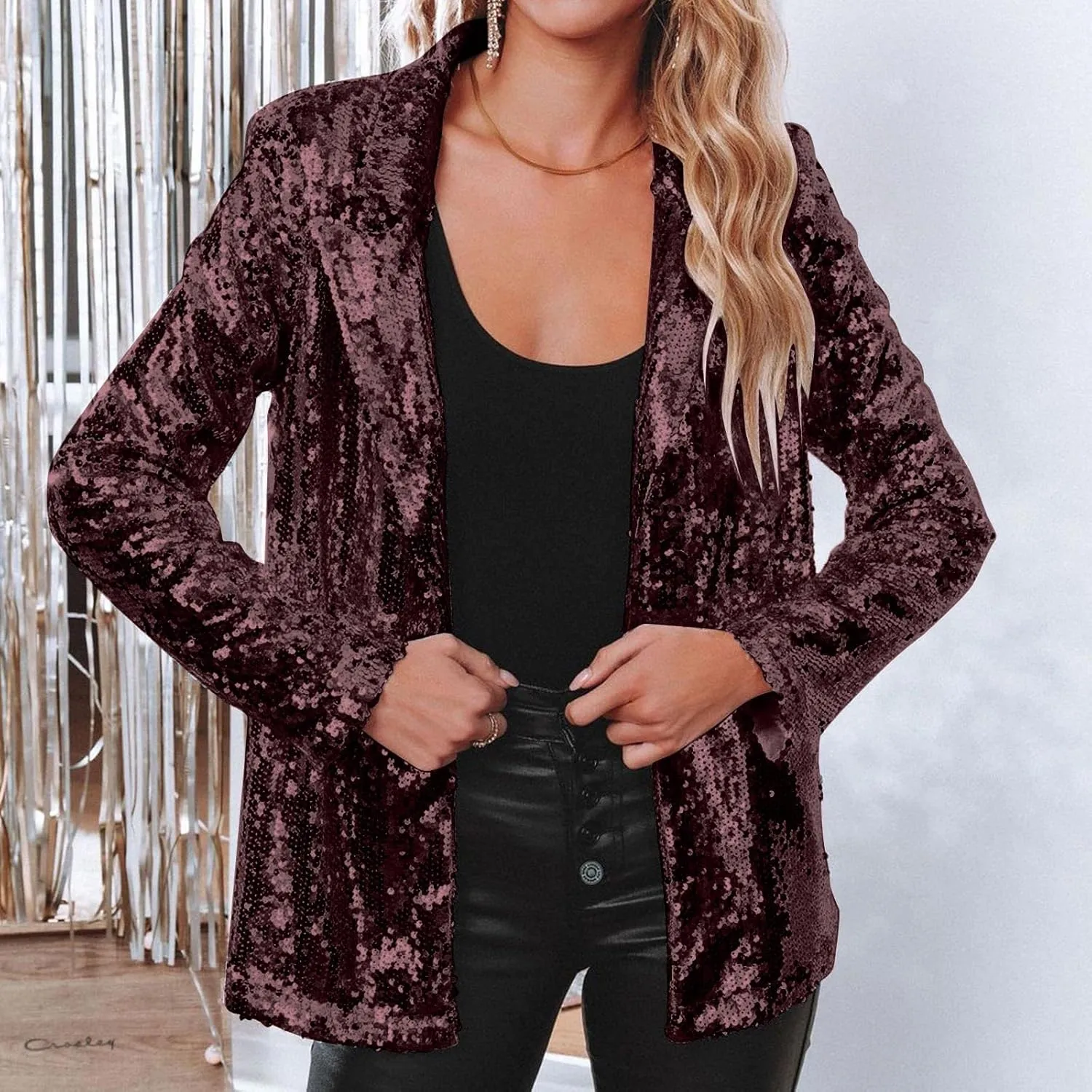 Blazers for Women 2025 Trendy Sequin Jacket Open Front Long Sleeve Glitter Party Suit Jackets Lightweight Elegant Tops