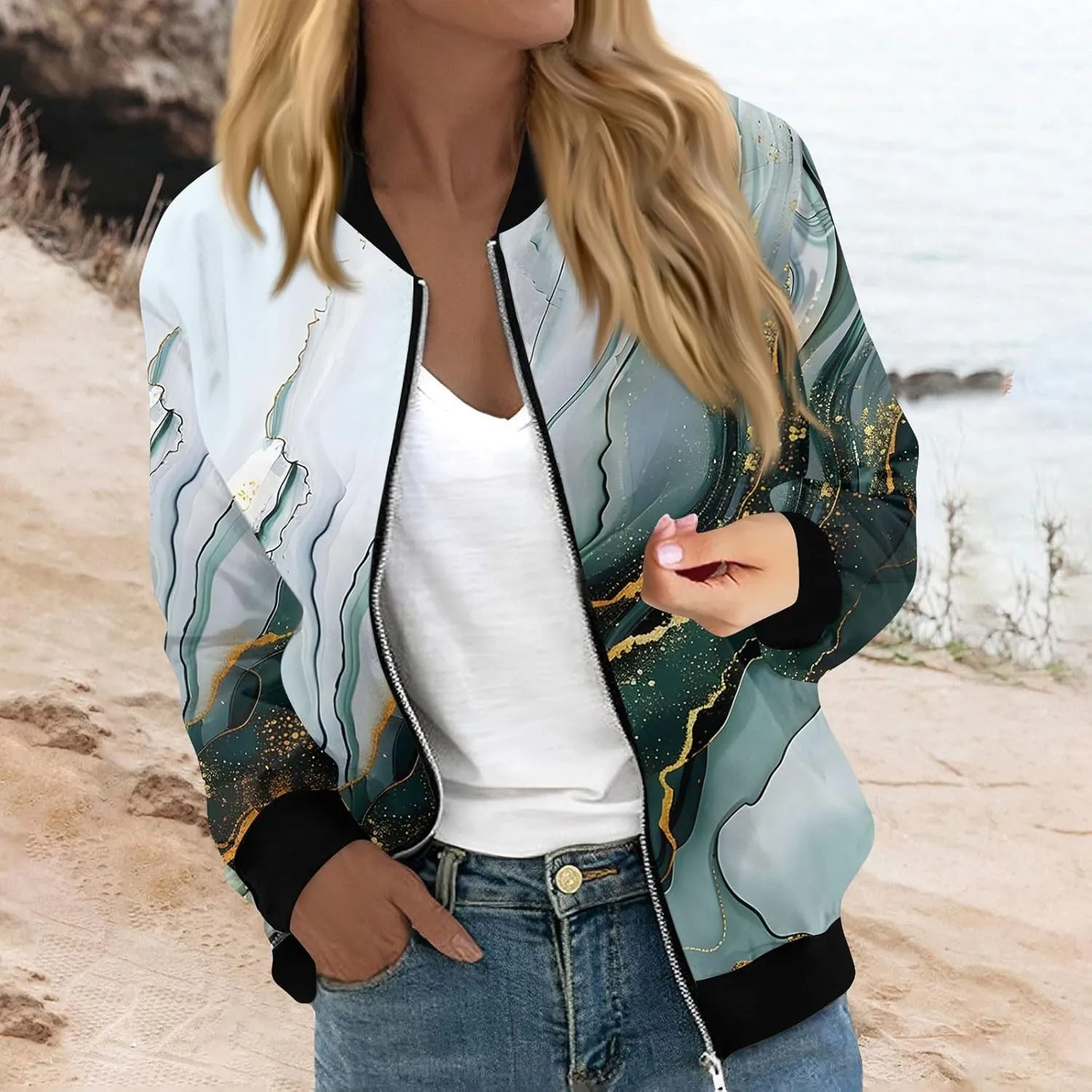 Bomber Jacket Women 2024 Causal Print Zip Up Coats Long Sleeve Stand Collar Fall Lightweight Outerwear With Pockets