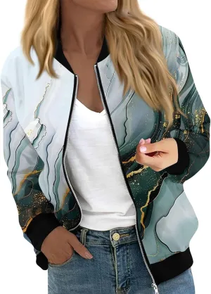 Bomber Jacket Women 2024 Causal Print Zip Up Coats Long Sleeve Stand Collar Fall Lightweight Outerwear With Pockets