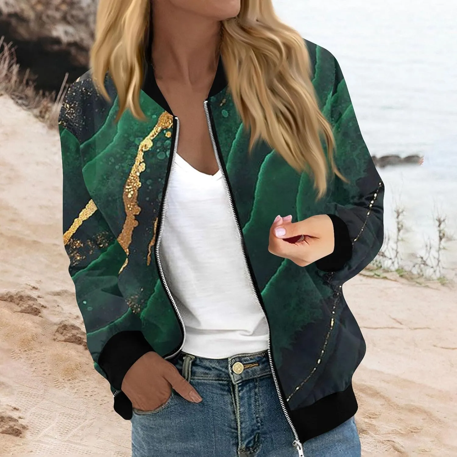 Bomber Jacket Women 2024 Causal Print Zip Up Coats Long Sleeve Stand Collar Fall Lightweight Outerwear With Pockets