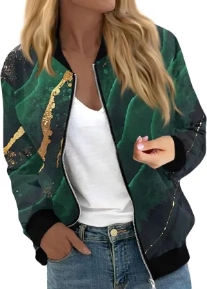 Bomber Jacket Women 2024 Causal Print Zip Up Coats Long Sleeve Stand Collar Fall Lightweight Outerwear With Pockets