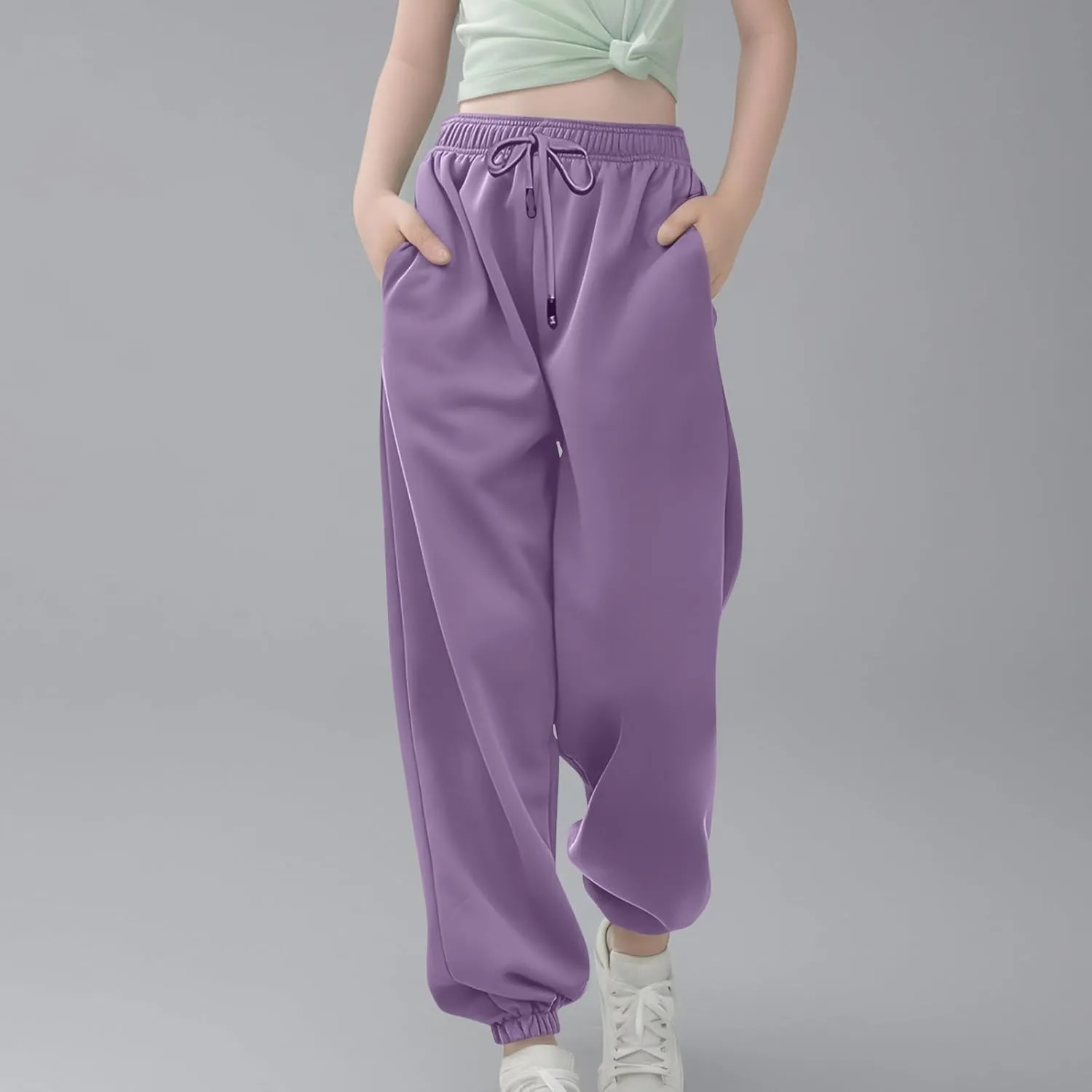 Boys Girls Aesthetic Sweatpants Drawstring Pockets Kids Plain School Pants Casual Baggy Joggers Elastic Waist