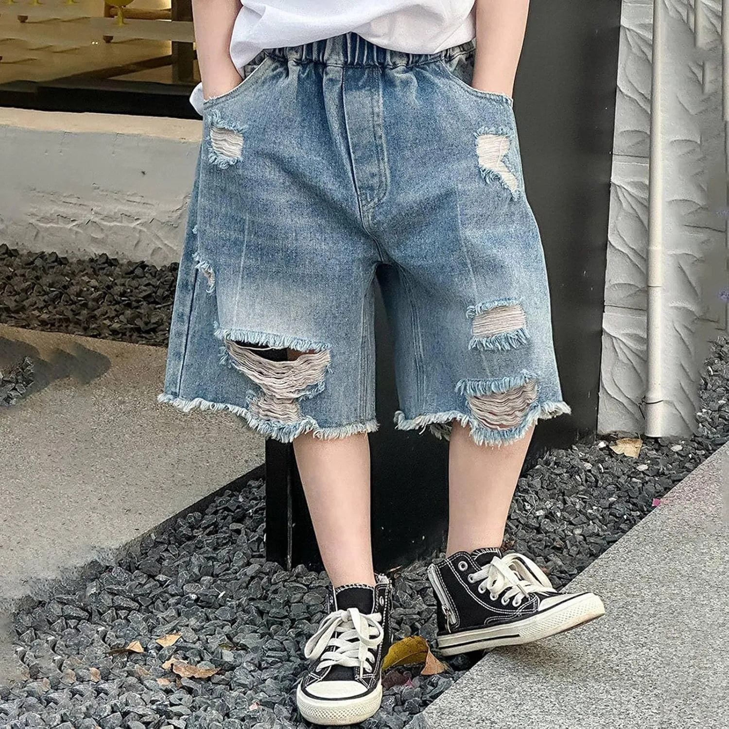 Boys Y2k Baggy Jeans Shorts Elastic High Waist Wide Leg Demin Shorts Hip Hop Loose Short Pants Streetwear Jeans Short
