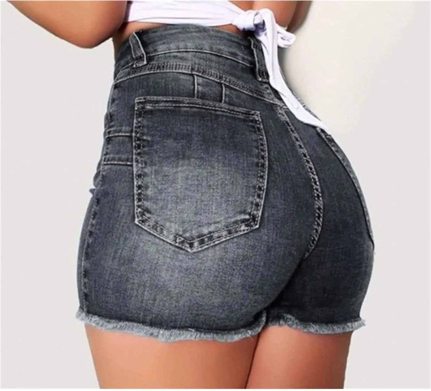 Butt Lift Denim Shorts for Women High Waisted Skinny Stretch Jeans Shorts Hem Ripped Hot Pants with Pockets