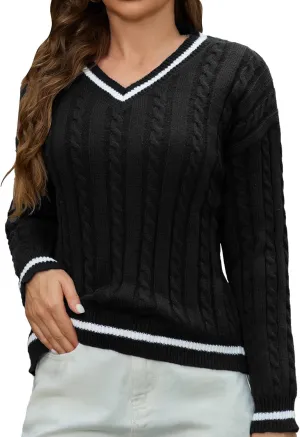 Cable Knit Sweater for Women 2024 Long Sleeve V Neck Casual Tops Color Block Pullover Shirts Fashion Winter Outfits