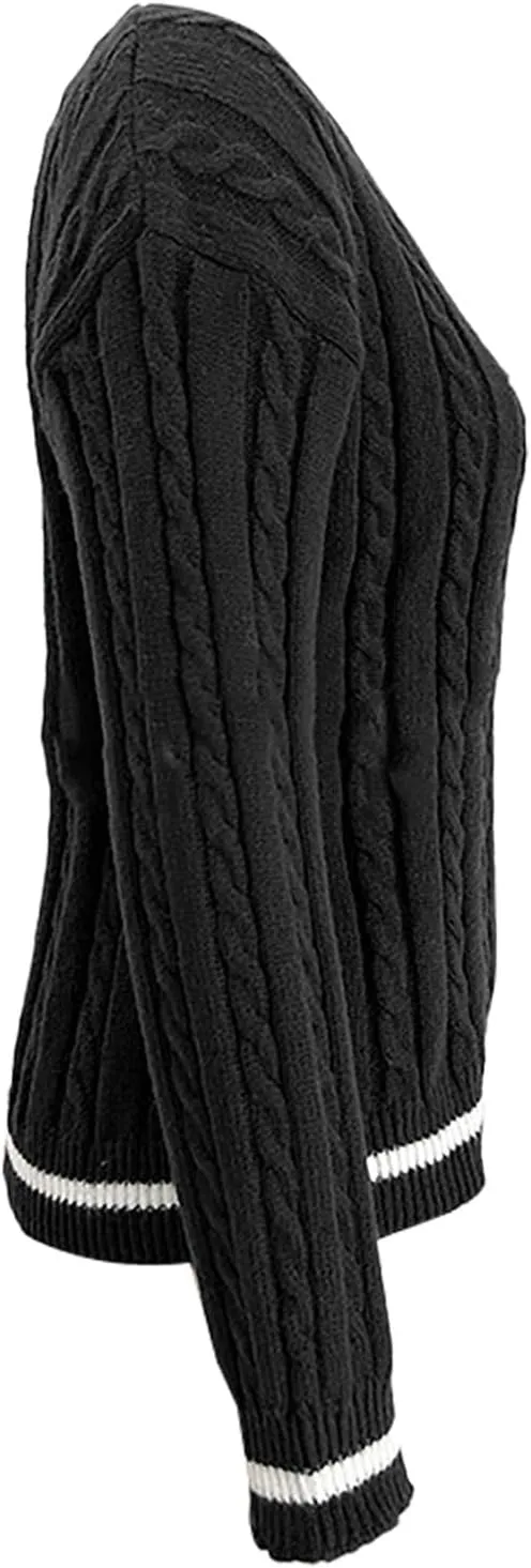 Cable Knit Sweater for Women 2024 Long Sleeve V Neck Casual Tops Color Block Pullover Shirts Fashion Winter Outfits