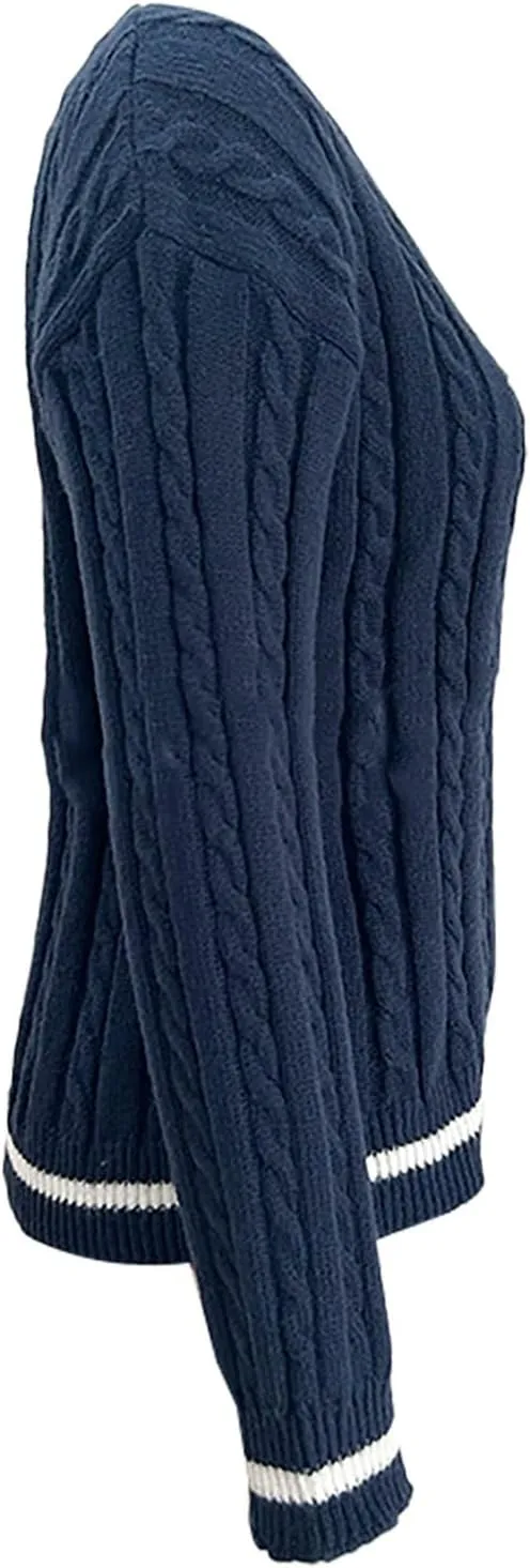 Cable Knit Sweater for Women 2024 Long Sleeve V Neck Casual Tops Color Block Pullover Shirts Fashion Winter Outfits