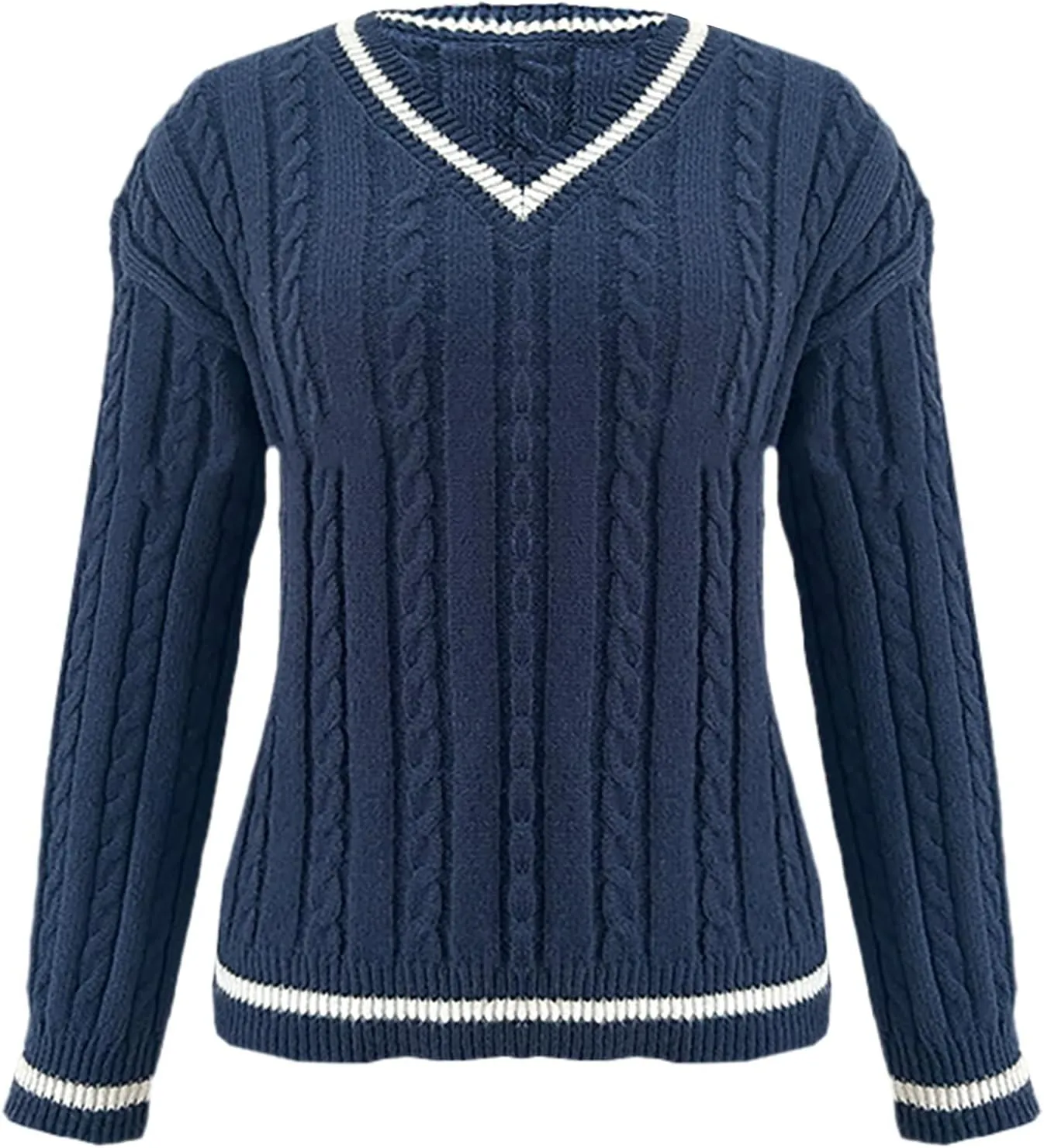Cable Knit Sweater for Women 2024 Long Sleeve V Neck Casual Tops Color Block Pullover Shirts Fashion Winter Outfits