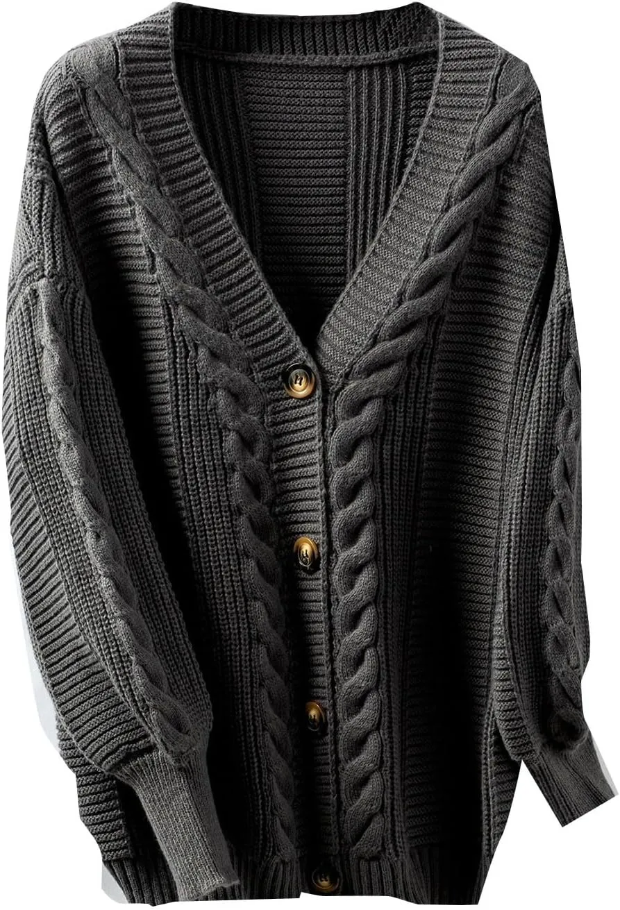 Cable Knit Sweater for Women Oversized Long Sleeve Button V Neck Shirts Retro Loose Fit Sweaters Fashion