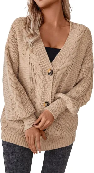Cable Knit Sweater for Women Oversized Long Sleeve Button V Neck Shirts Retro Loose Fit Sweaters Fashion