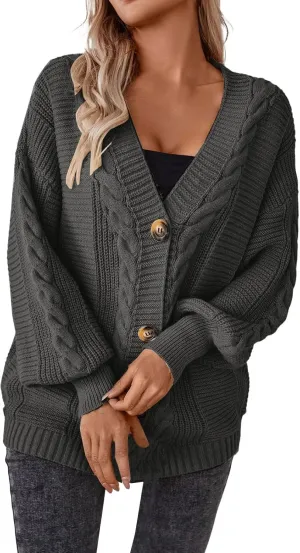 Cable Knit Sweater for Women Oversized Long Sleeve Button V Neck Shirts Retro Loose Fit Sweaters Fashion