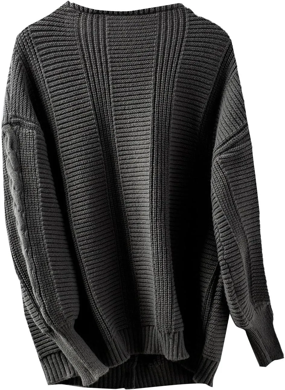 Cable Knit Sweater for Women Oversized Long Sleeve Button V Neck Shirts Retro Loose Fit Sweaters Fashion