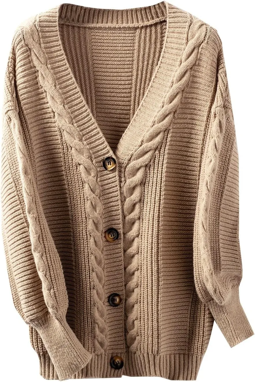 Cable Knit Sweater for Women Oversized Long Sleeve Button V Neck Shirts Retro Loose Fit Sweaters Fashion