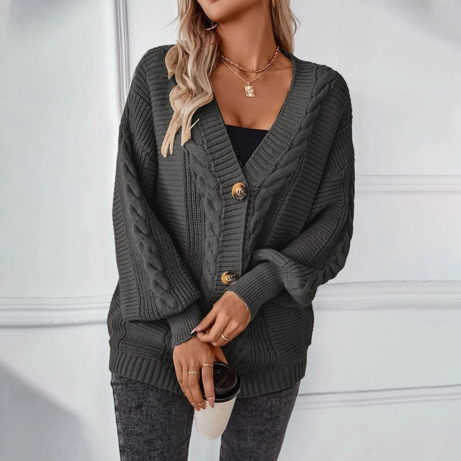 Cable Knit Sweater for Women Oversized Long Sleeve Button V Neck Shirts Retro Loose Fit Sweaters Fashion