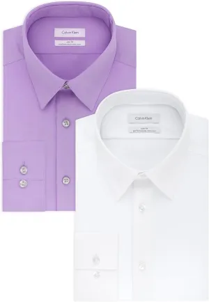 Calvin Klein Men's Dress Shirts Slim Fit Non Iron Solid, White/Iris, 17.5" Neck 36"-37" Sleeve