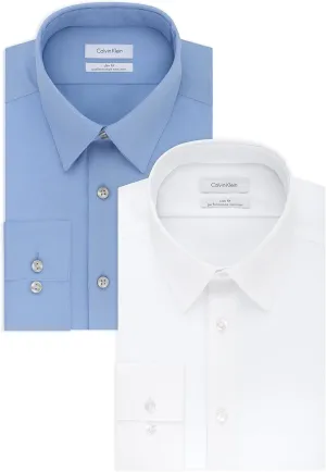 Calvin Klein Men's Dress Shirts Slim Fit Non Iron Solid, White/Mist, 17" Neck 34"-35" Sleeve