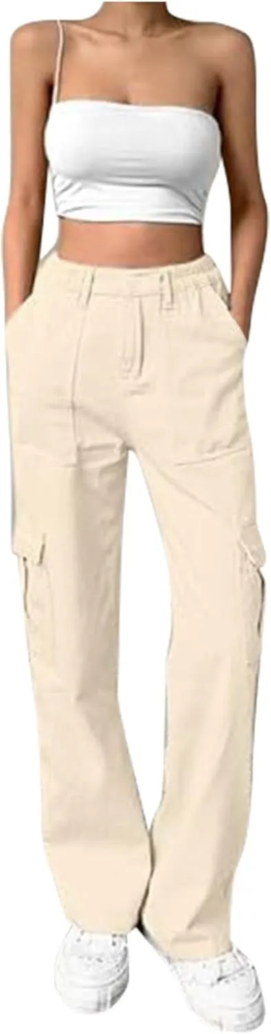 Cargo Pants Women Trendy Casual Pants with Pockets Womens Plain Straight Leg Trousers High Waist Pants