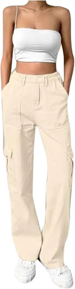 Cargo Pants Women Trendy Casual Pants with Pockets Womens Plain Straight Leg Trousers High Waist Pants