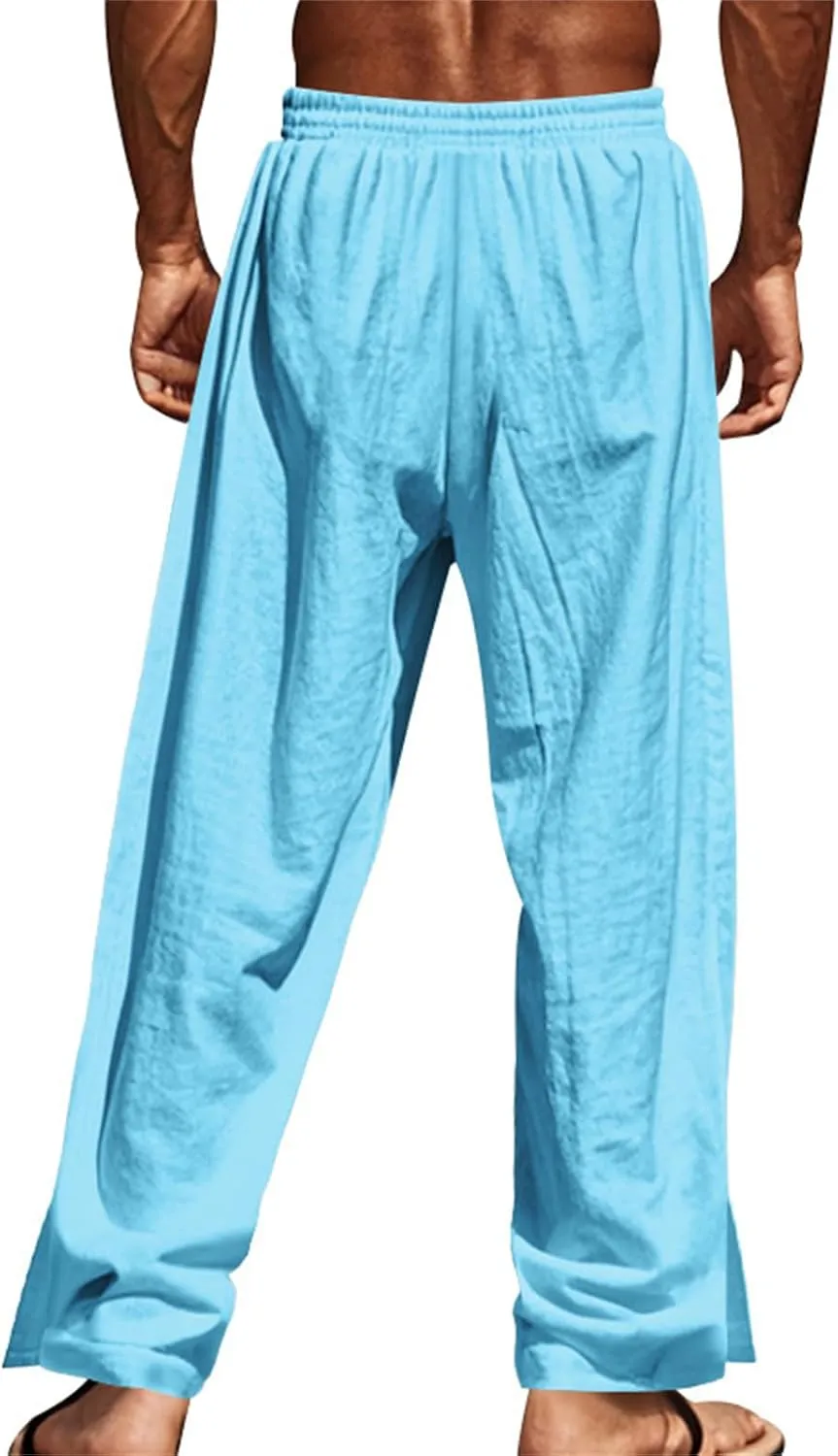 Casual Linen Pants for Men Side Button Elastic Waist Trousers Drawstring Open Bottom Pants Summer Baggy Thin Trousers