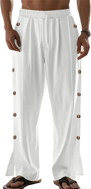 Casual Linen Pants for Men Side Button Elastic Waist Trousers Drawstring Open Bottom Pants Summer Baggy Thin Trousers
