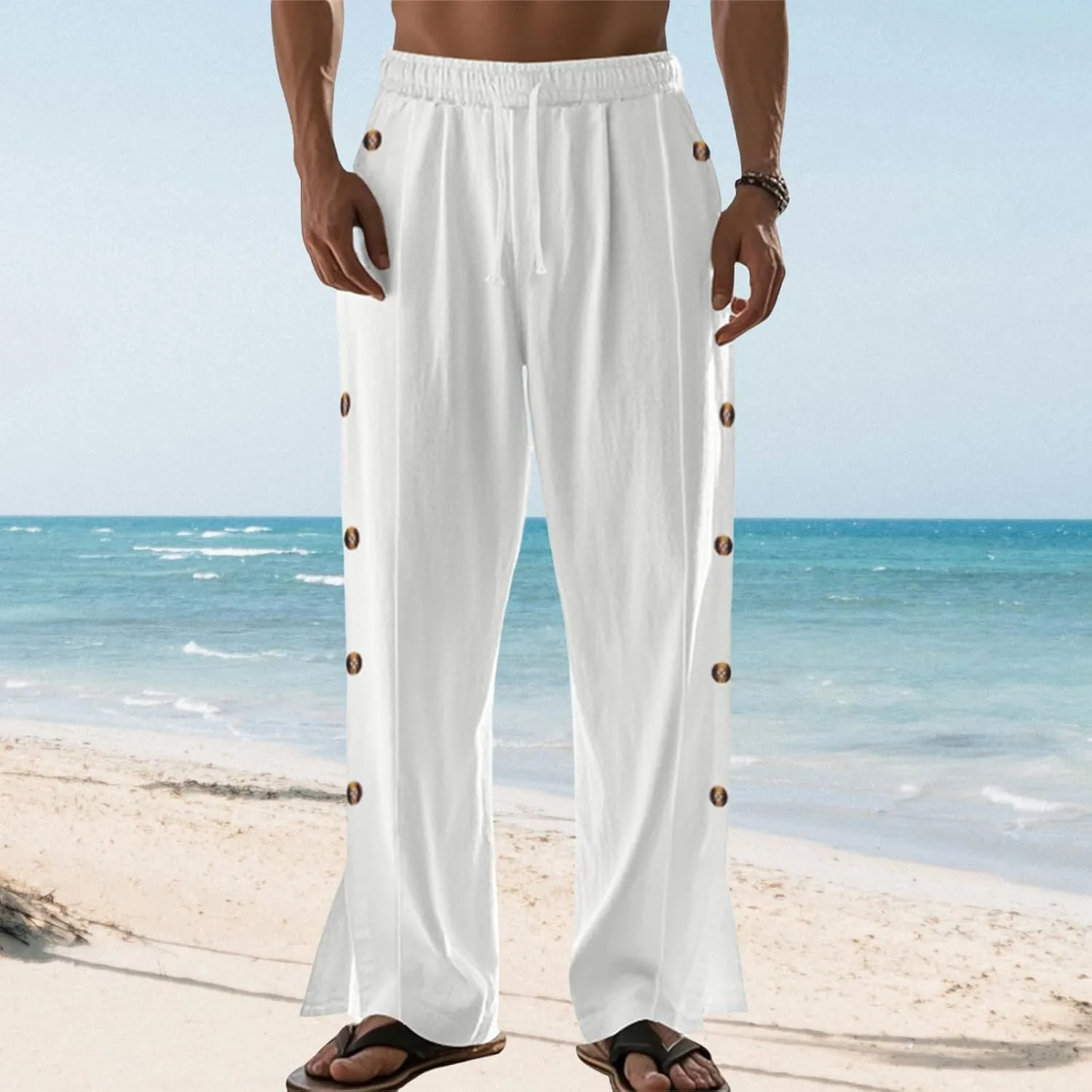 Casual Linen Pants for Men Side Button Elastic Waist Trousers Drawstring Open Bottom Pants Summer Baggy Thin Trousers