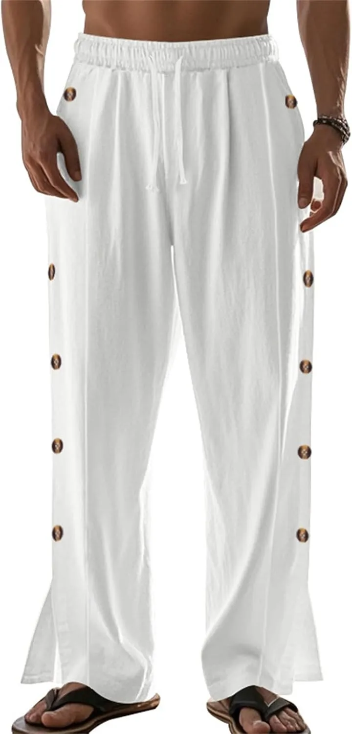 Casual Linen Pants for Men Side Button Elastic Waist Trousers Drawstring Open Bottom Pants Summer Baggy Thin Trousers