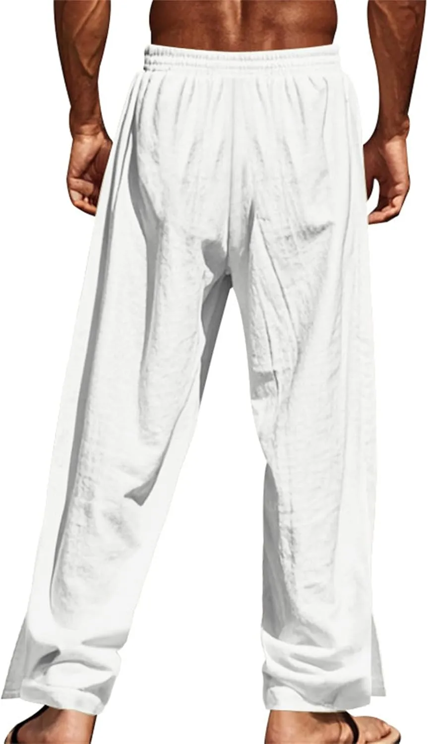 Casual Linen Pants for Men Side Button Elastic Waist Trousers Drawstring Open Bottom Pants Summer Baggy Thin Trousers