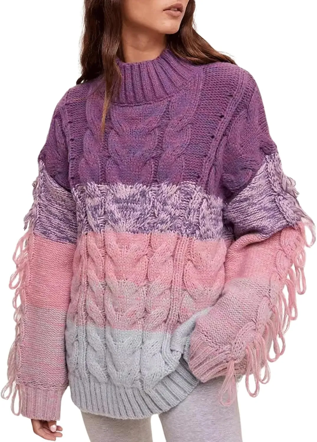 CHARTOU Casual Cable Knit Sweaters for Women Fall Turtleneck Long Sleeve Pullover Colorful Fringe Outwears