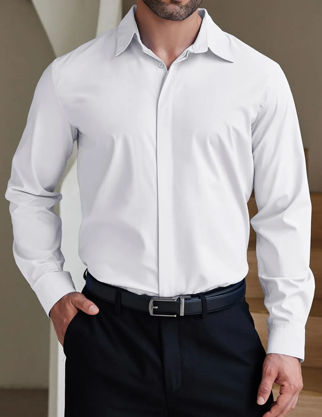 COOFANDY Men's Formal Dress Shirt Hidden Button Front Wrinkle Free Shirt Regular Fit Stretch Business Casual Shirts