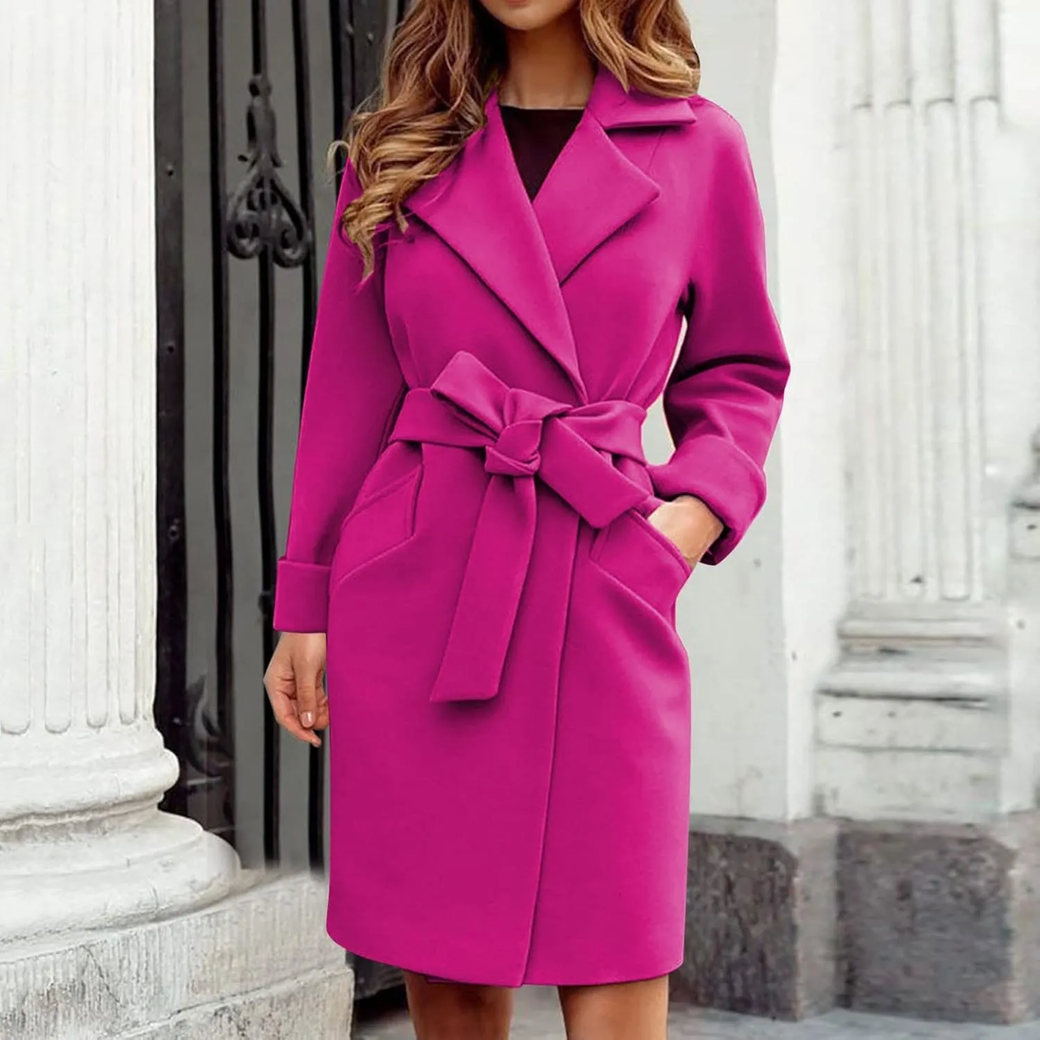 cooki Winter Coats for Women 2023 Wool Blend Coat Open Front Long Pea Trench Coat Casual Solid Long Sleeve Lapel Outerwear
