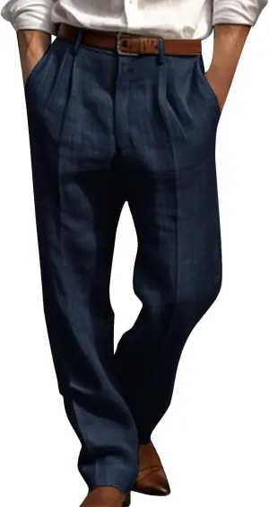 Cotton Linen Pants for Men Pleated Front Trouser Straight Leg Suit Trousers Solid Color Office Trouser Linen Pant