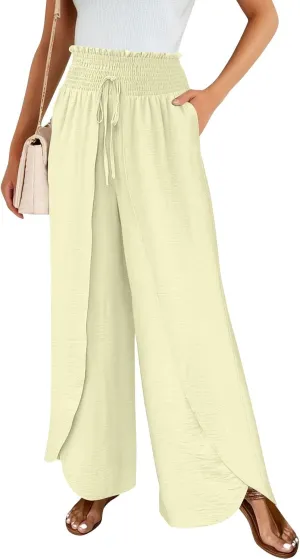 Cotton Linen Pants Women Smocked High Waisted Split Wide Leg Pants Summer Flowy Vacation Beach Pant with Pockets 2025