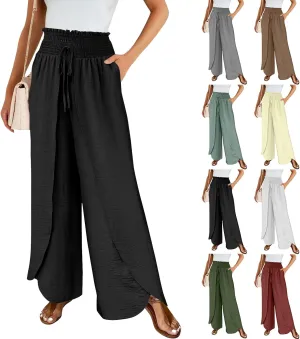 Cotton Linen Pants Women Smocked High Waisted Split Wide Leg Pants Summer Flowy Vacation Beach Pant with Pockets 2025