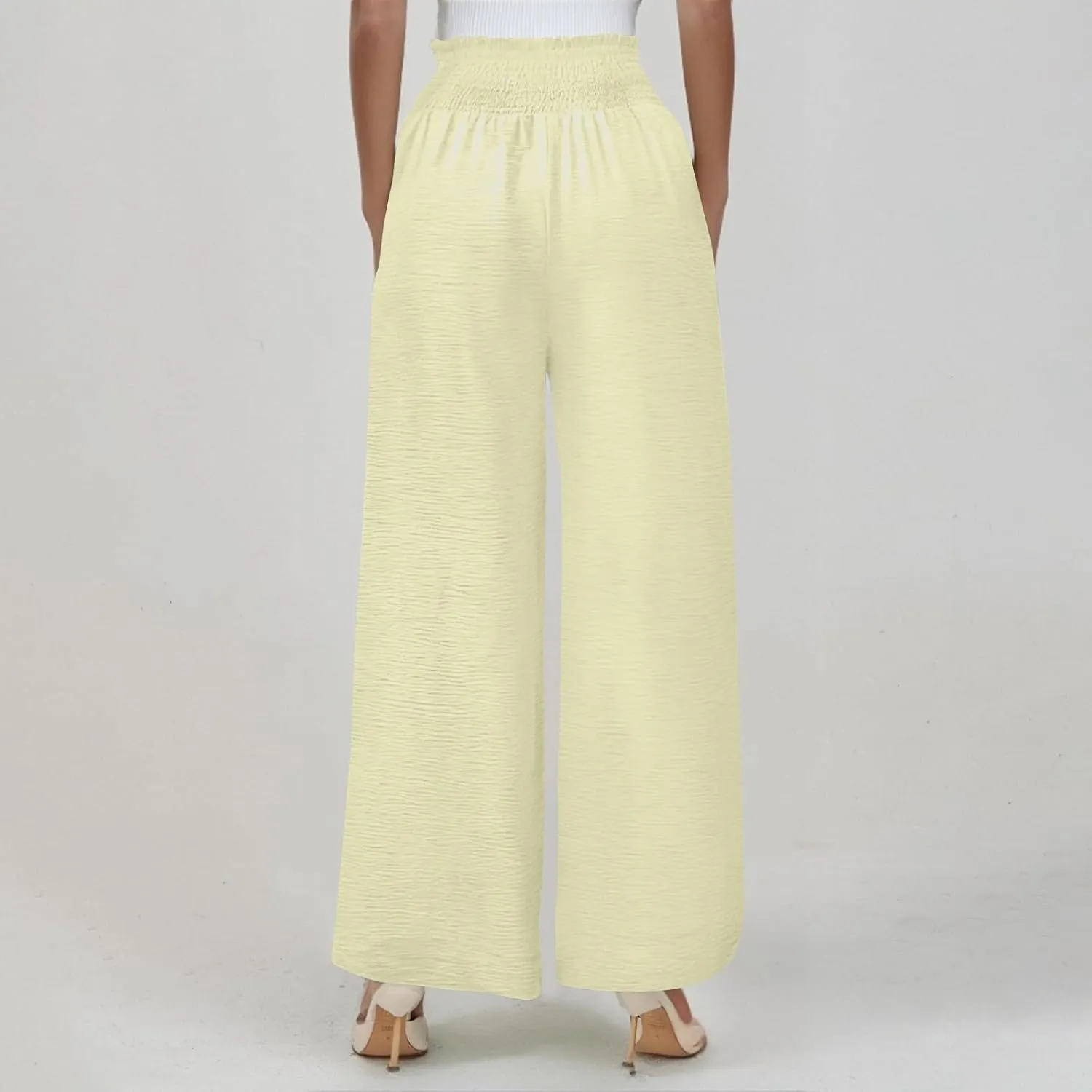 Cotton Linen Pants Women Smocked High Waisted Split Wide Leg Pants Summer Flowy Vacation Beach Pant with Pockets 2025