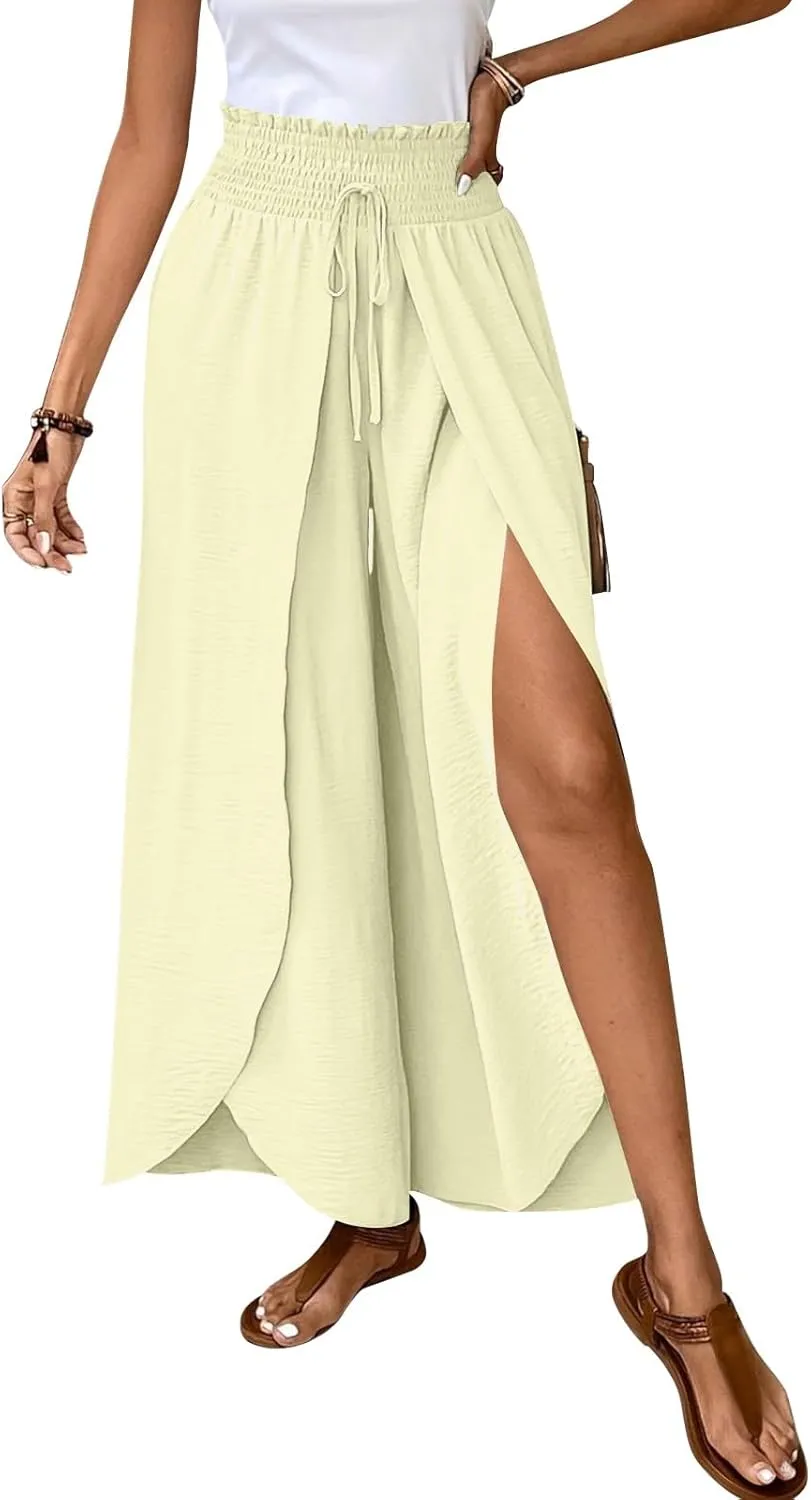 Cotton Linen Pants Women Smocked High Waisted Split Wide Leg Pants Summer Flowy Vacation Beach Pant with Pockets 2025
