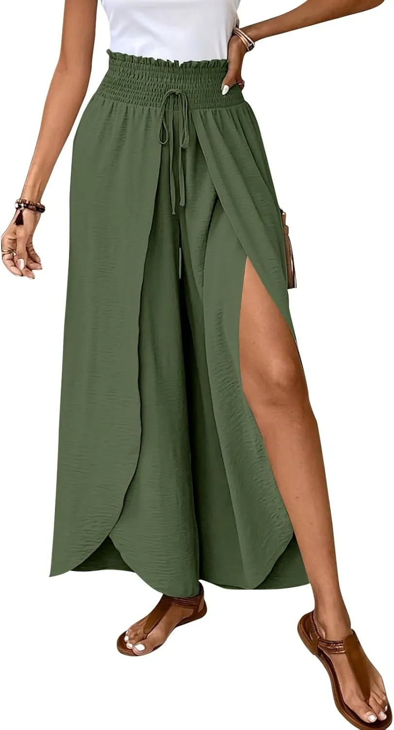 Cotton Linen Pants Women Smocked High Waisted Split Wide Leg Pants Summer Flowy Vacation Beach Pant with Pockets 2025