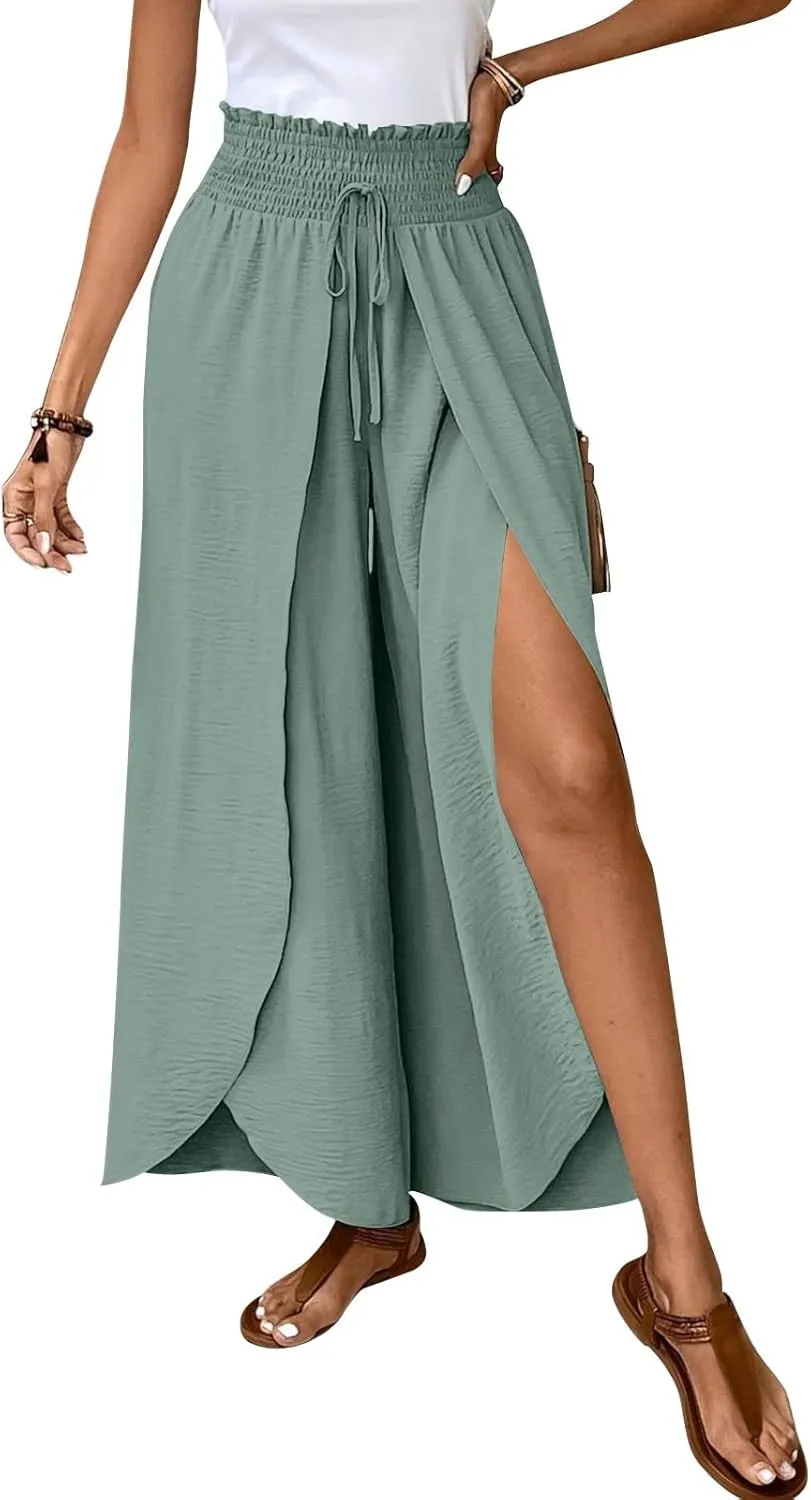Cotton Linen Pants Women Smocked High Waisted Split Wide Leg Pants Summer Flowy Vacation Beach Pant with Pockets 2025