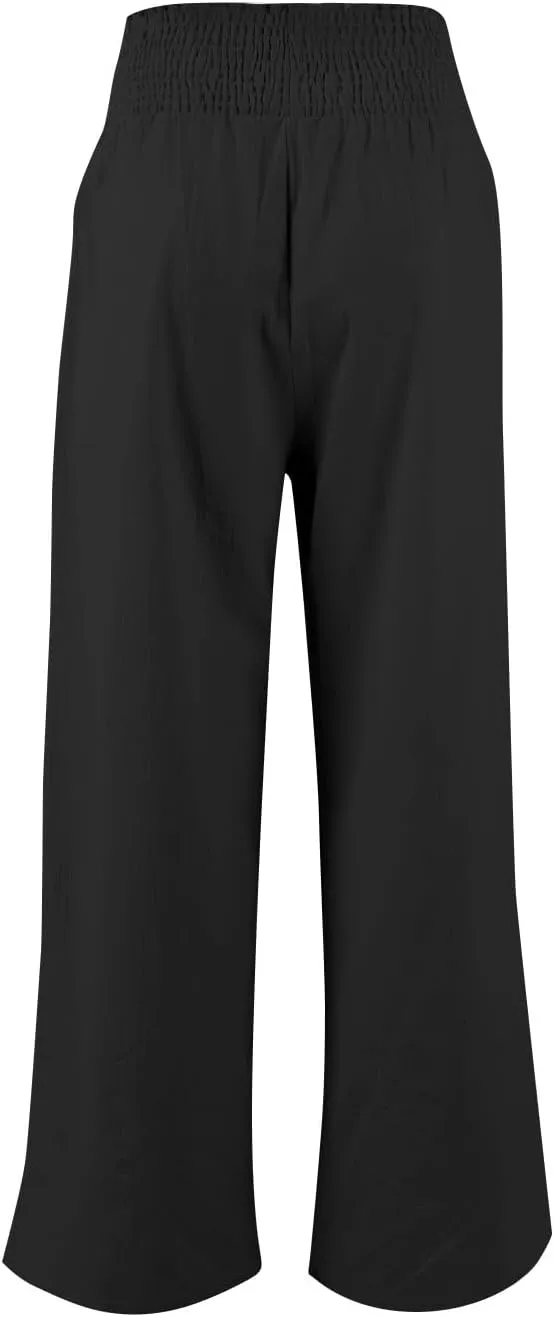 Cotton Linen Pants Women Smocked High Waisted Split Wide Leg Pants Summer Flowy Vacation Beach Pant with Pockets 2025