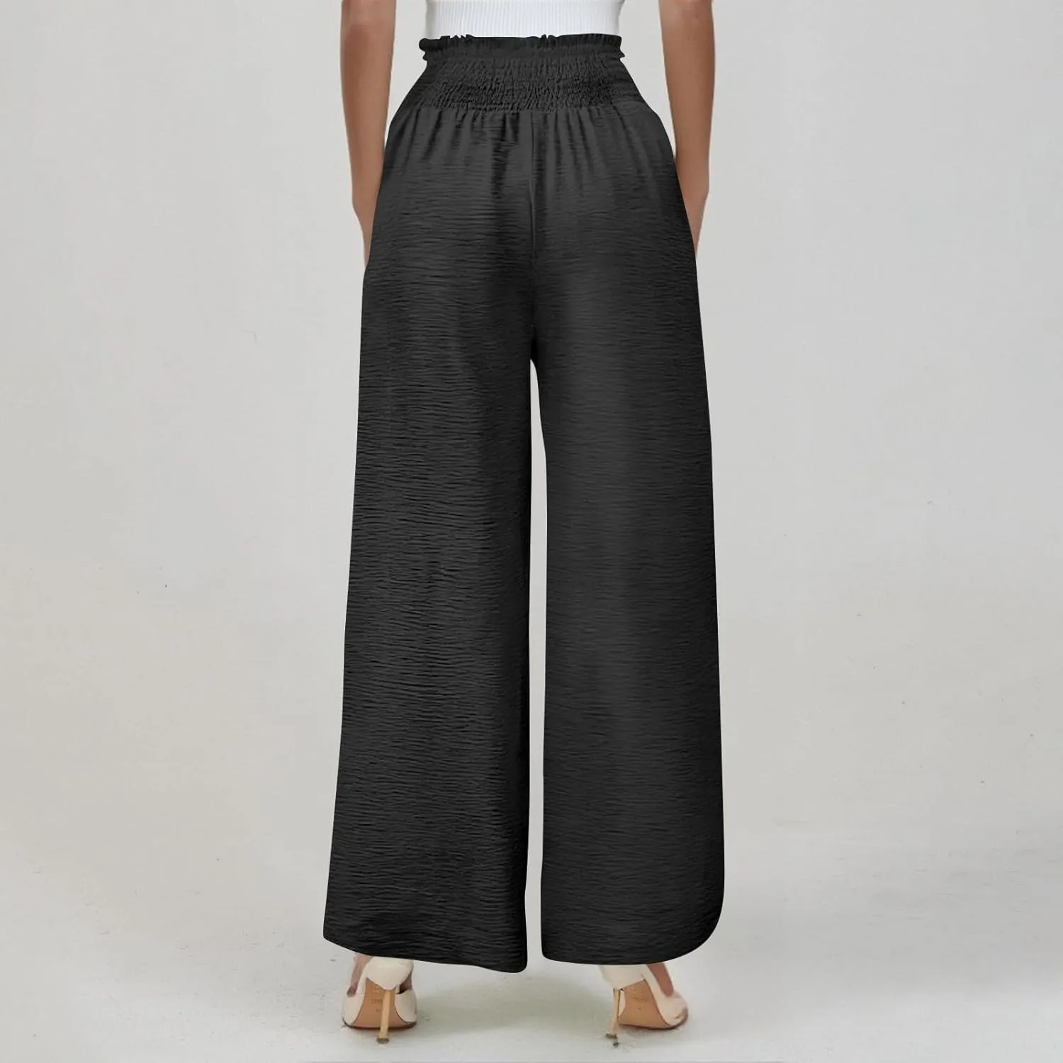 Cotton Linen Pants Women Smocked High Waisted Split Wide Leg Pants Summer Flowy Vacation Beach Pant with Pockets 2025