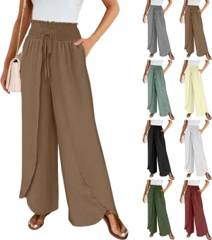 Cotton Linen Pants Women Smocked High Waisted Split Wide Leg Pants Summer Flowy Vacation Beach Pant with Pockets 2025