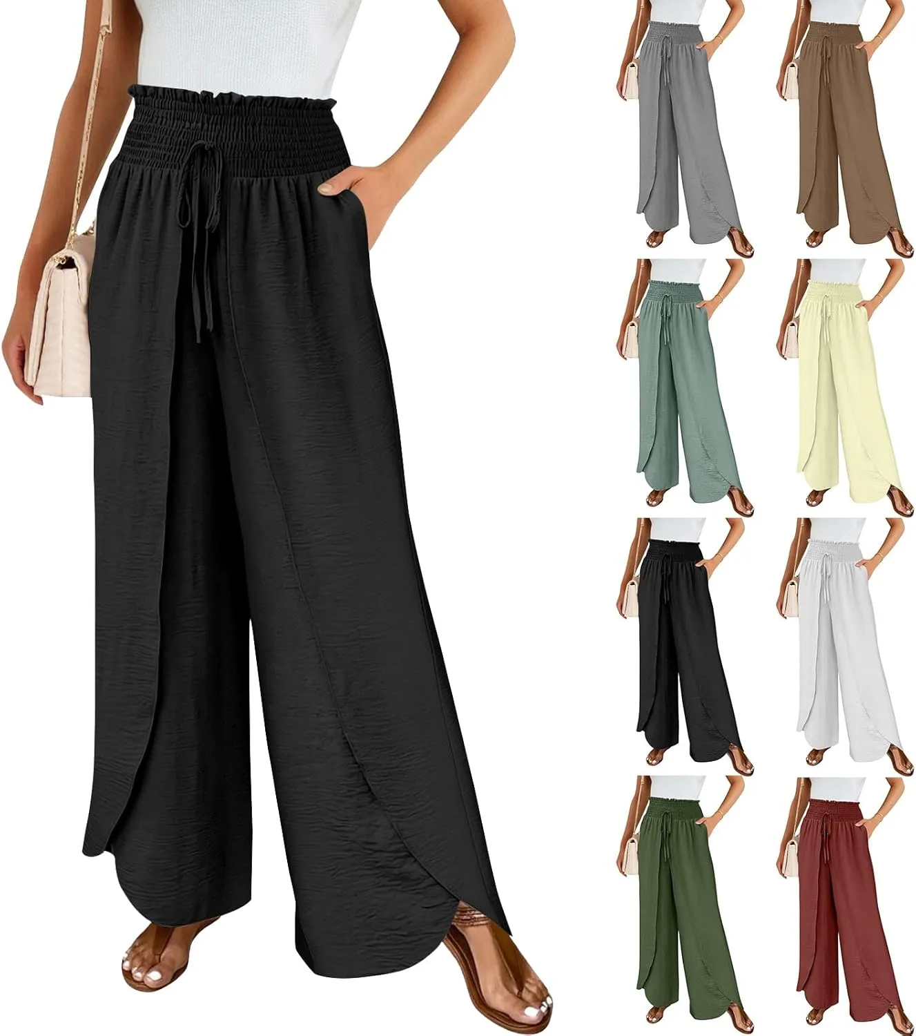 Cotton Linen Pants Women Smocked High Waisted Split Wide Leg Pants Summer Flowy Vacation Beach Pant with Pockets 2025