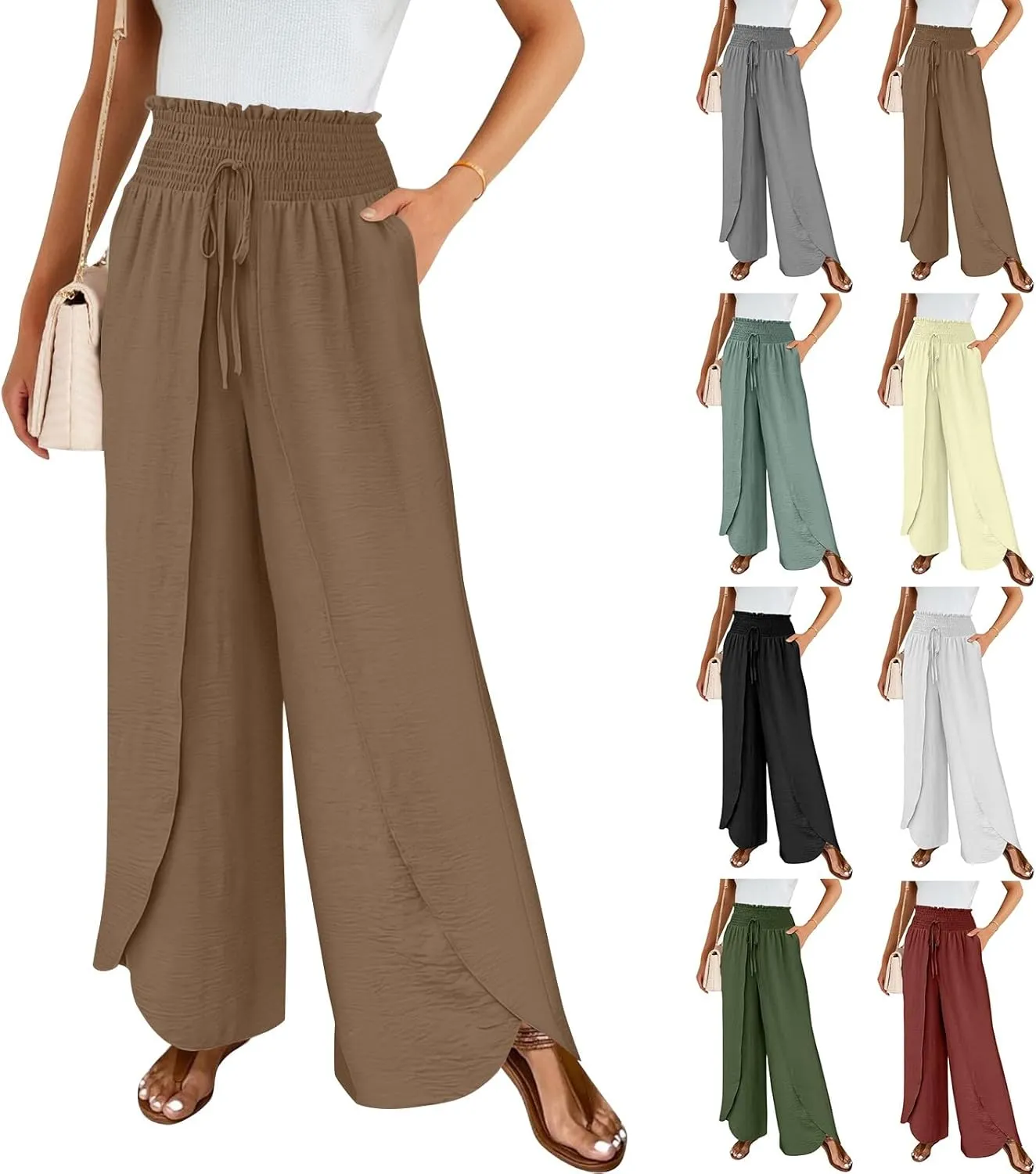 Cotton Linen Pants Women Smocked High Waisted Split Wide Leg Pants Summer Flowy Vacation Beach Pant with Pockets 2025