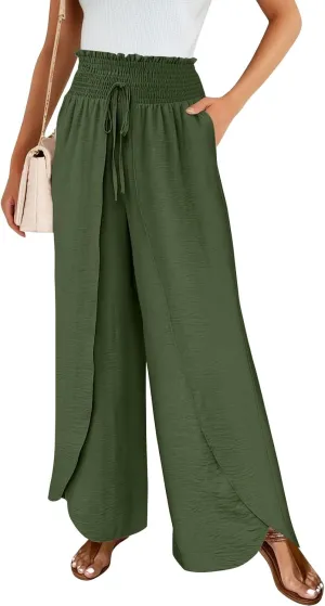 Cotton Linen Pants Women Smocked High Waisted Split Wide Leg Pants Summer Flowy Vacation Beach Pant with Pockets 2025